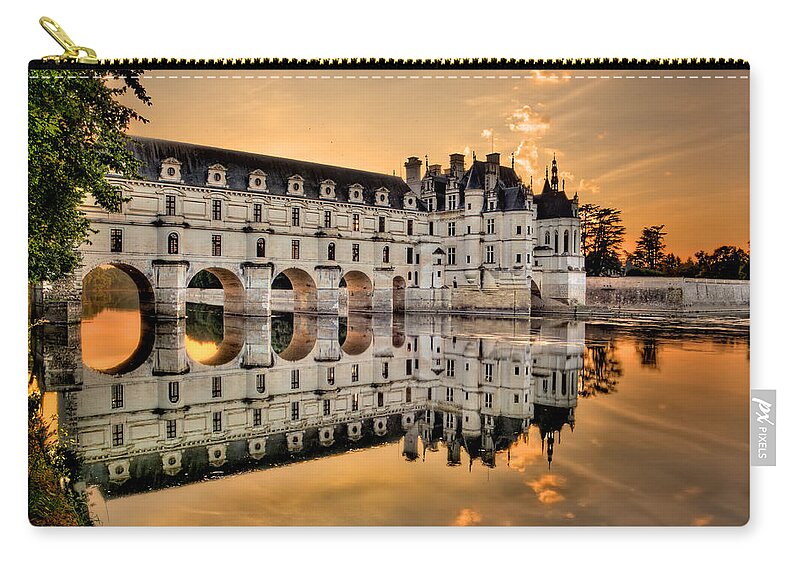 Chateau De Chenonceau Zip Pouch featuring the photograph Chenonceau Castle in the twilight panorama by Weston Westmoreland