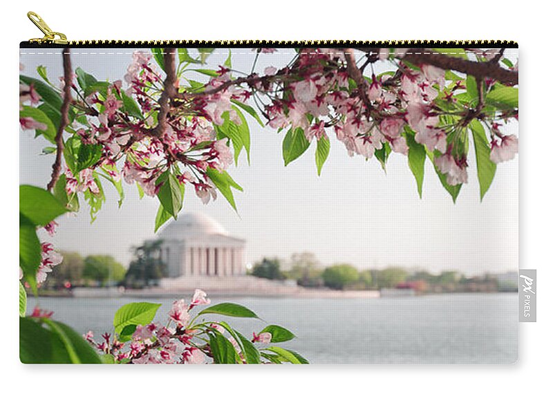 America Zip Pouch featuring the photograph Cherry Blossoms and the Jefferson Memorial Panorama by Mitchell R Grosky