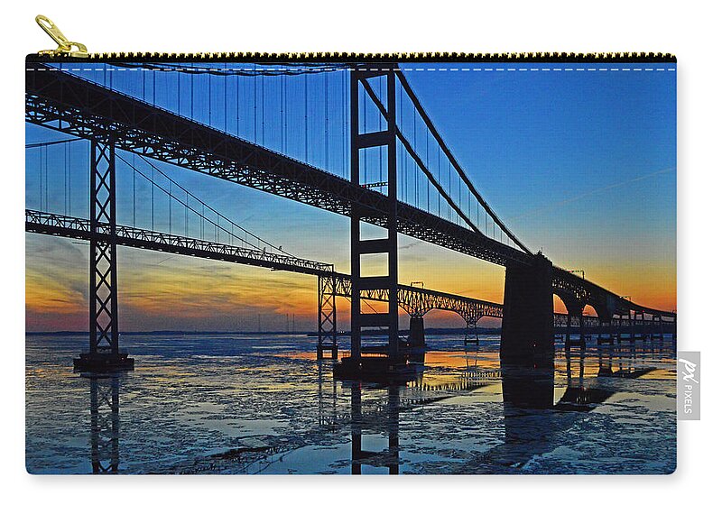 Chesapeake Bay Bridge Zip Pouch featuring the photograph Chesapeake Bay Bridge Reflections by Bill Swartwout