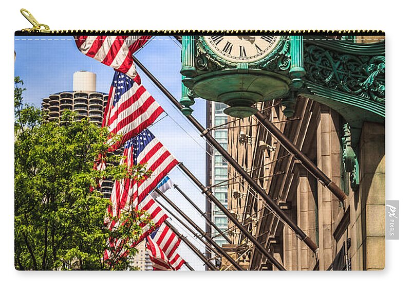America Zip Pouch featuring the photograph Chicago Macy's Clock and Chicago Theatre Sign by Paul Velgos