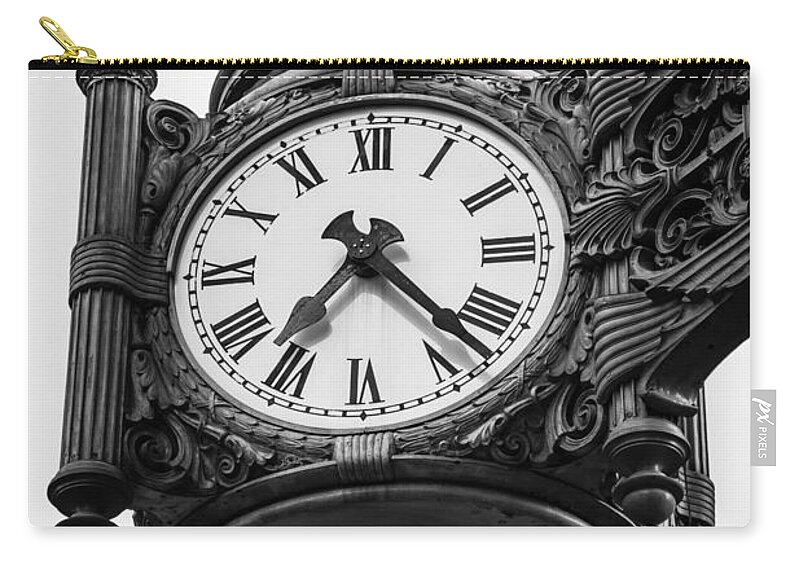 America Carry-all Pouch featuring the photograph Chicago Macy's Marshall Field's Clock in Black and White by Paul Velgos