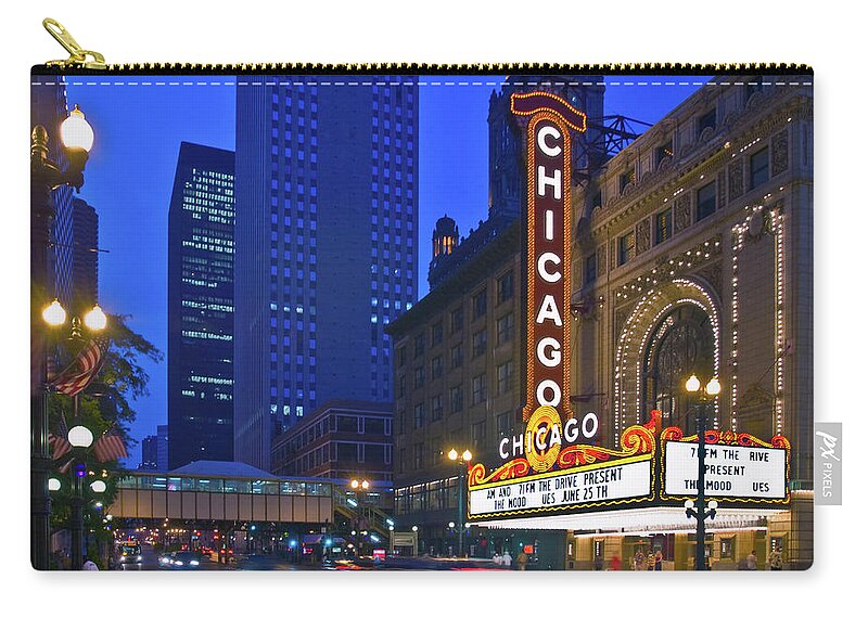 Photography Zip Pouch featuring the photograph Chicago Theatre Marquee At Night by Panoramic Images