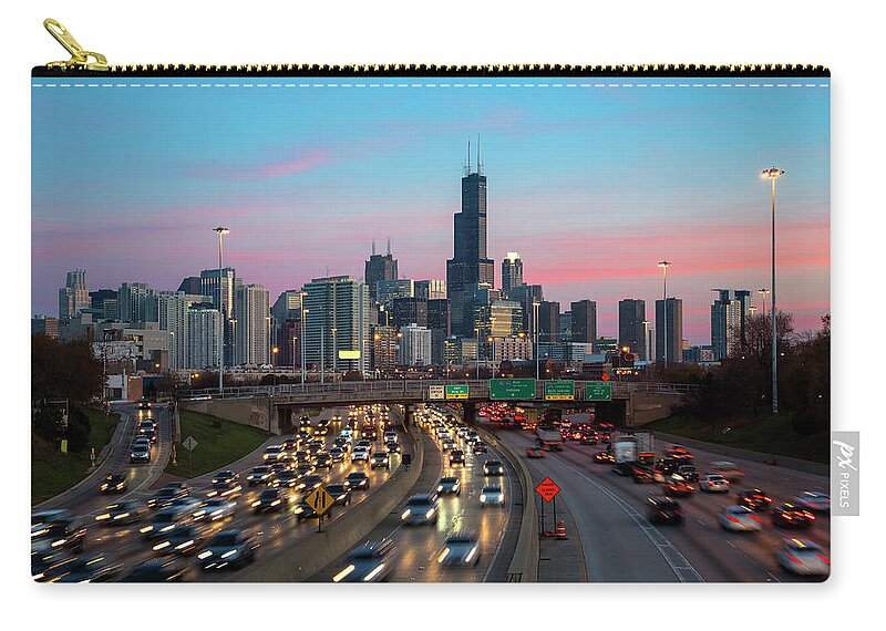Scenics Zip Pouch featuring the photograph Chicago Traffic And Skyline At Dusk by Chrisp0