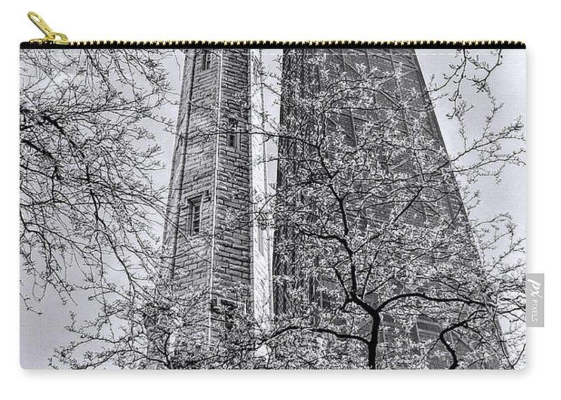 Chicago Water Tower Zip Pouch featuring the photograph Chicago Water and Hancock Towers Black and White by Christopher Arndt