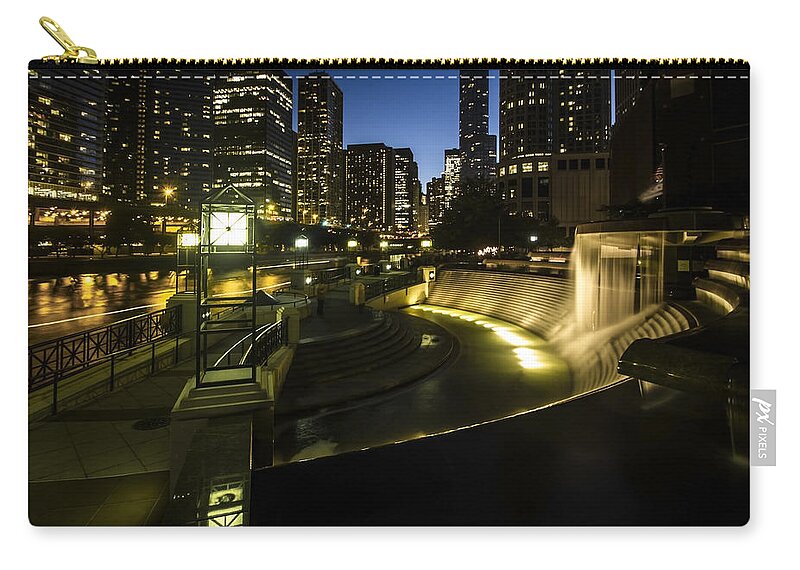 Centennial Fountain Zip Pouch featuring the photograph Chicago's centennial fountain and skyline by Sven Brogren