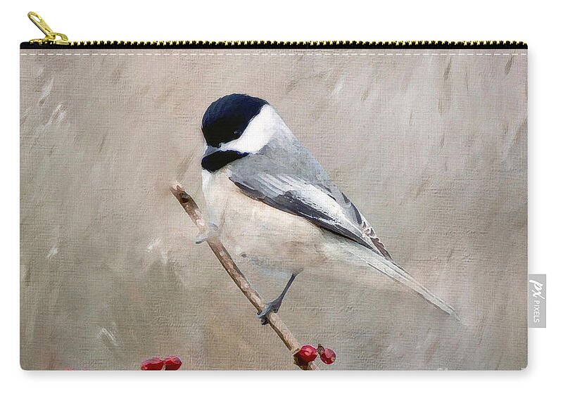 Chickadee Zip Pouch featuring the photograph Chickadee and Berries by Kerri Farley