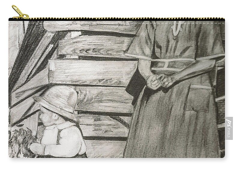 Chicken Coop Carry-all Pouch featuring the drawing Chicken Coop - Woman and son - feeding chickens by Jan Dappen