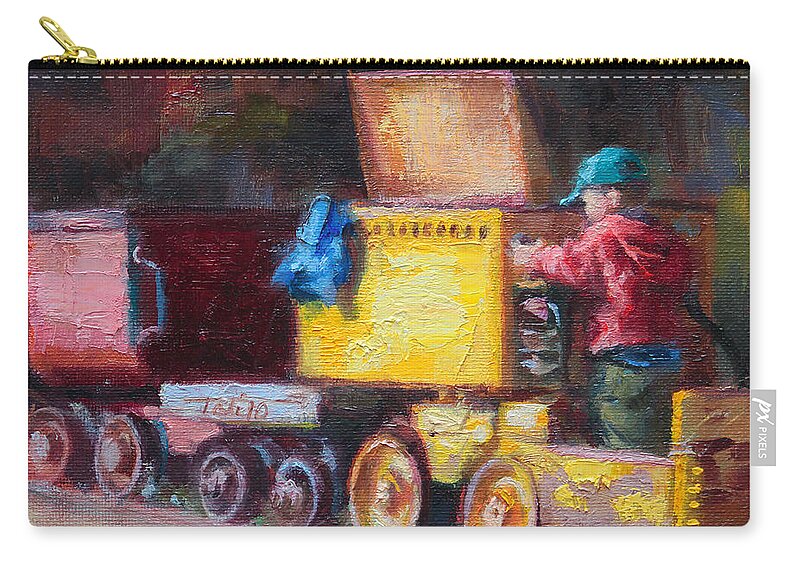 Impressionist Zip Pouch featuring the painting Child's Play - gold mine train by Talya Johnson