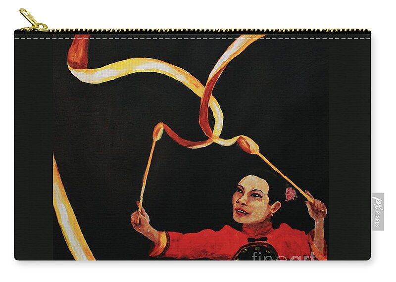 Chinese Zip Pouch featuring the painting Chinese Ribbon Dancer Yellow Ribbon by Cris Motta