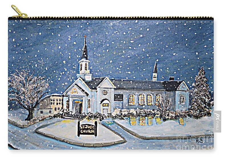 St. Jude's Church Waltham Zip Pouch featuring the painting Christmas Eve at St. Jude Church by Rita Brown