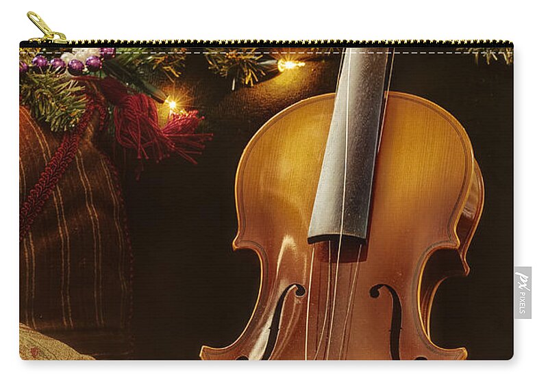 Violin; Music; Instrument; Small; Standing; String; Still Life; Garland; Lights; Pillow; Classic; Classical; Wood; Beautiful; Concert; Musical Zip Pouch featuring the photograph Christmas Music by Margie Hurwich