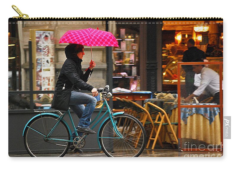Ciclista Zip Pouch featuring the photograph Cyclist with Pink Umbrella in Milan by Carlos Alkmin