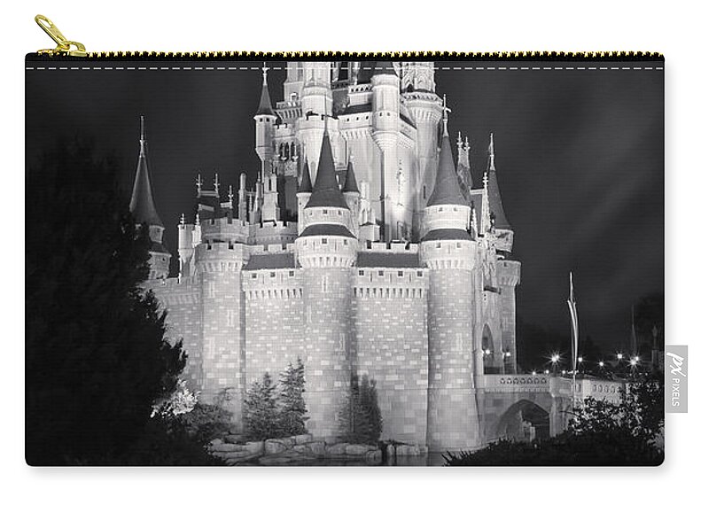 3scape Zip Pouch featuring the photograph Cinderella's Castle Reflection Black and White by Adam Romanowicz