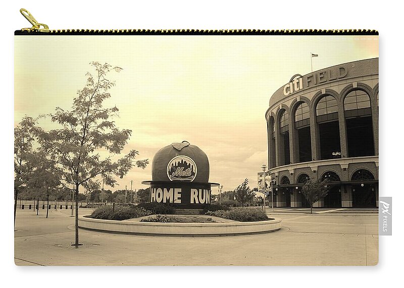 Shea Stadium Zip Pouch featuring the photograph CITI FIELD in SEPIA by Rob Hans