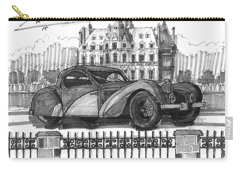 Classic Auto Zip Pouch featuring the drawing Classic Auto with Chateau by Richard Wambach