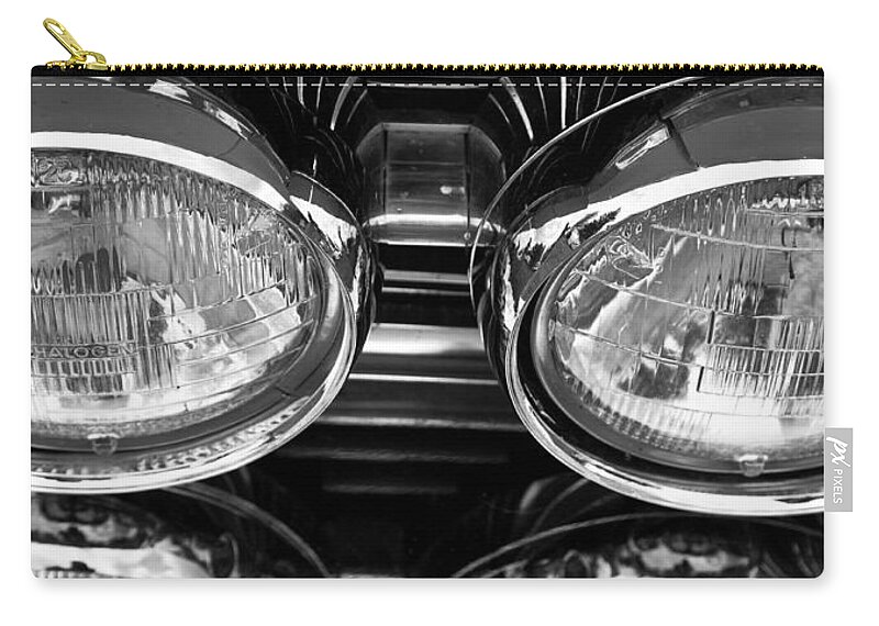 Custom Car Show Shine Classic Ford Blue Granum Alberta Canada Chrome Bumper Fender Detail American Automobile Antique Auto Black And White Headlamps Zip Pouch featuring the photograph Classic car grill and lights by Mick Flynn