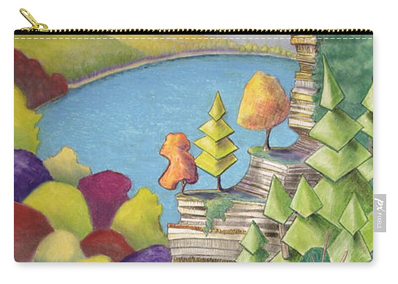 Cliff Zip Pouch featuring the mixed media Cliff Overlooking Lake with Colorful Trees by Michele Fritz