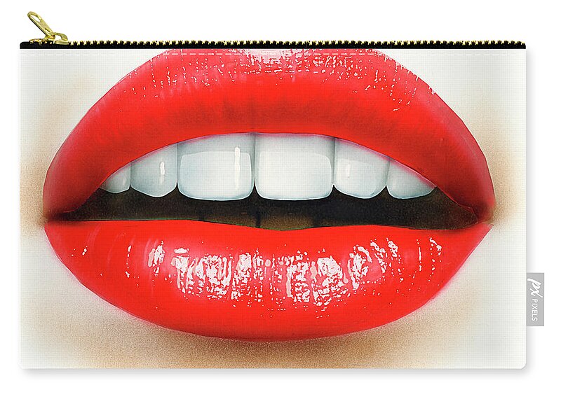 Adult Zip Pouch featuring the photograph Close Up Of Mouth, Teeth And Red Lips by Ikon Ikon Images