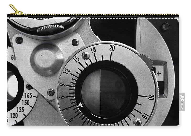 Black And White Zip Pouch featuring the photograph Closeup of a Phoropter Eye Examination Equipment by Amy Cicconi