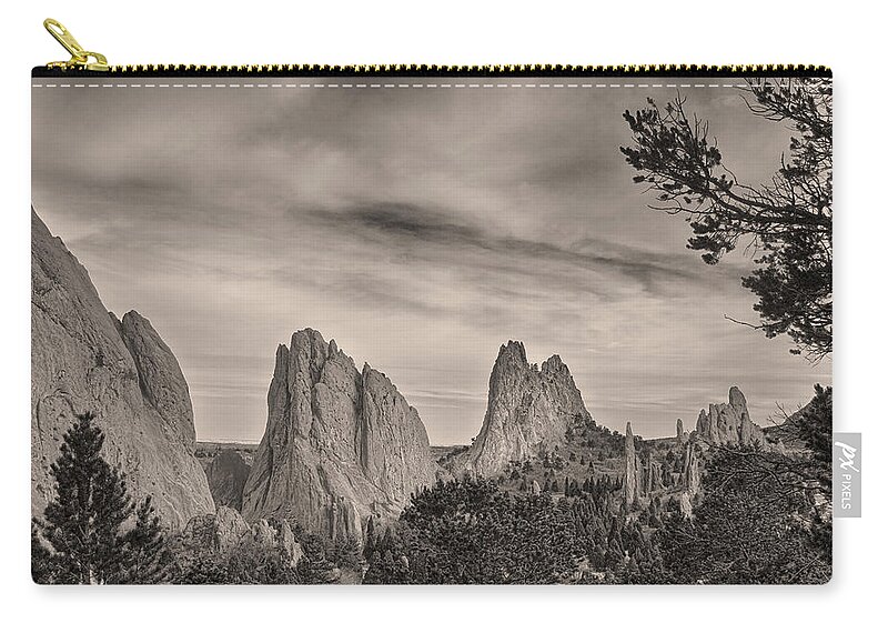 Garden Of The Gods Zip Pouch featuring the photograph Colorado Garden of the Gods Mono Tone View by James BO Insogna