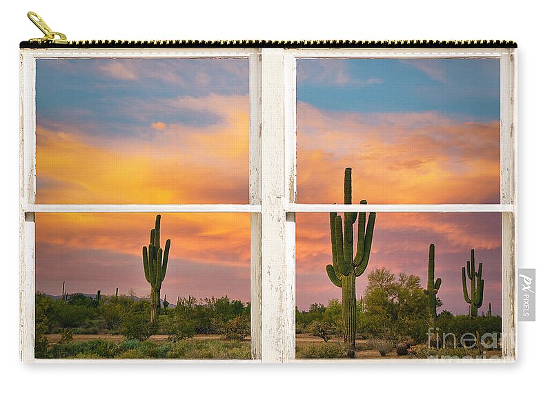 'window Frame Art' Zip Pouch featuring the photograph Colorful Southwest Desert Rustic Window Art View by James BO Insogna
