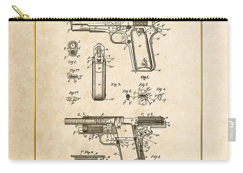 C7 Vintage Patents Weapons And Firearms Carry-all Pouch featuring the digital art Colt 1911 by John M. Browning - Vintage Patent Document by Serge Averbukh