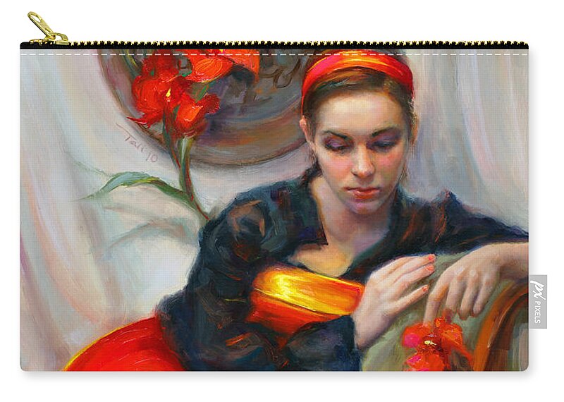 Talya Zip Pouch featuring the painting Common Threads - Divine Feminine in silk red dress by Talya Johnson