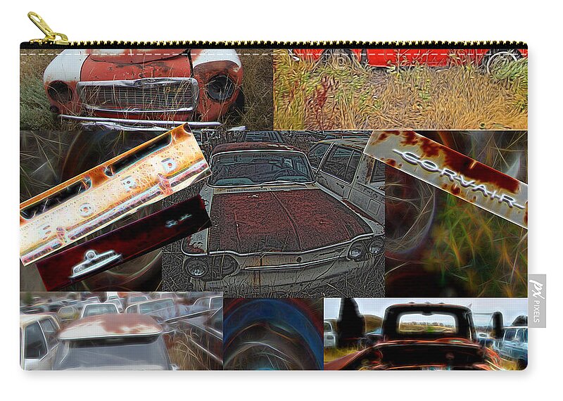 Composition Cars Zip Pouch featuring the digital art Composition Cars in the Junkyard by Cathy Anderson