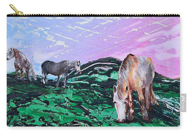 Landscape Zip Pouch featuring the painting Connemara Ponies by Alys Caviness-Gober