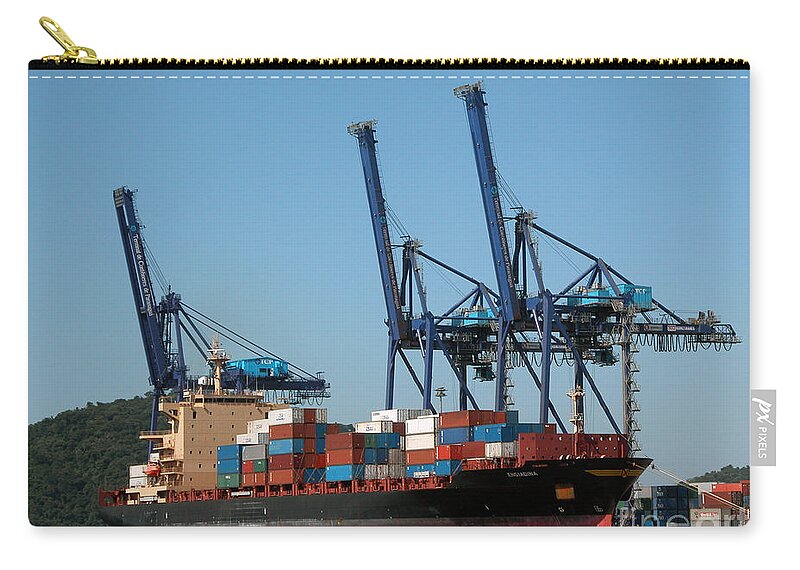 Ship Loading Zip Pouch featuring the photograph Container Ship In Port by Tim Holt