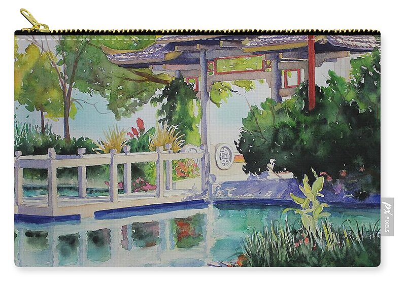 Chinese Pagoda Zip Pouch featuring the painting Contemplation Garden by Ruth Kamenev
