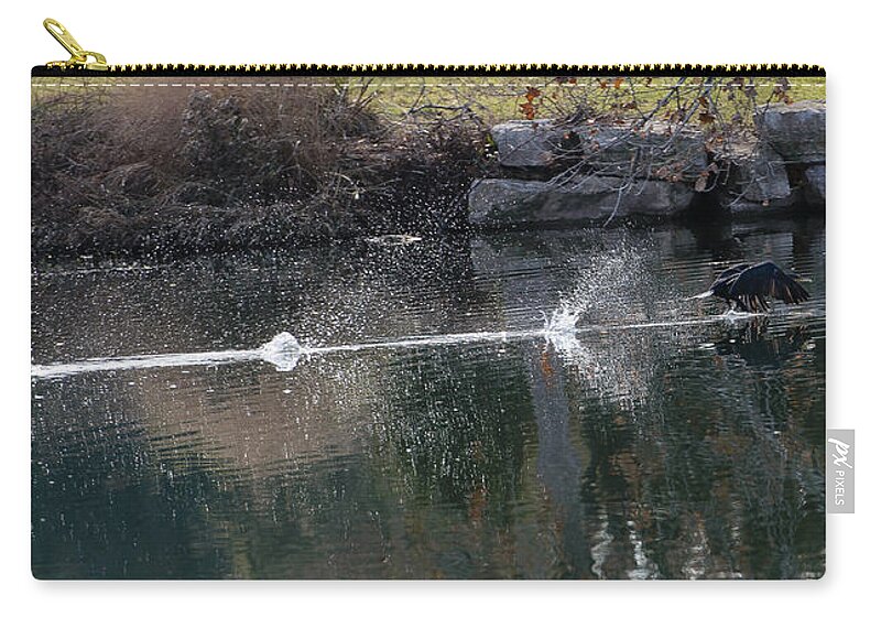 Duck Zip Pouch featuring the photograph Cormorant take-off by John Johnson