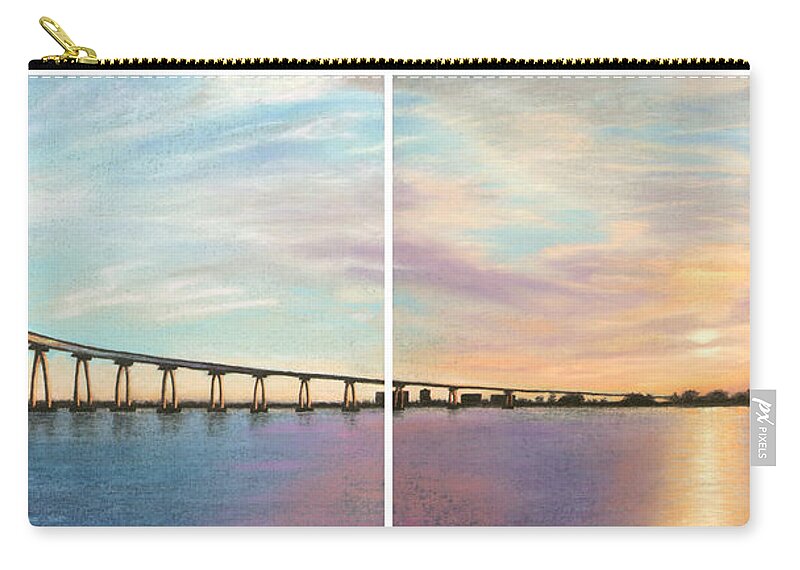 Coronado Zip Pouch featuring the pastel Coronado Bridge Sunset Diptych by Michael Heikkinen