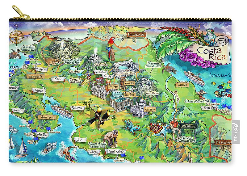 Costa Rica Carry-all Pouch featuring the painting Costa Rica map illustration by Maria Rabinky