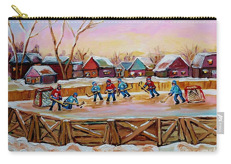 Country Hockey Rink Zip Pouch featuring the painting Country Scene Painting Outdoor Hockey Rink Canadian Landscape Winter Art Carole Spandau by Carole Spandau