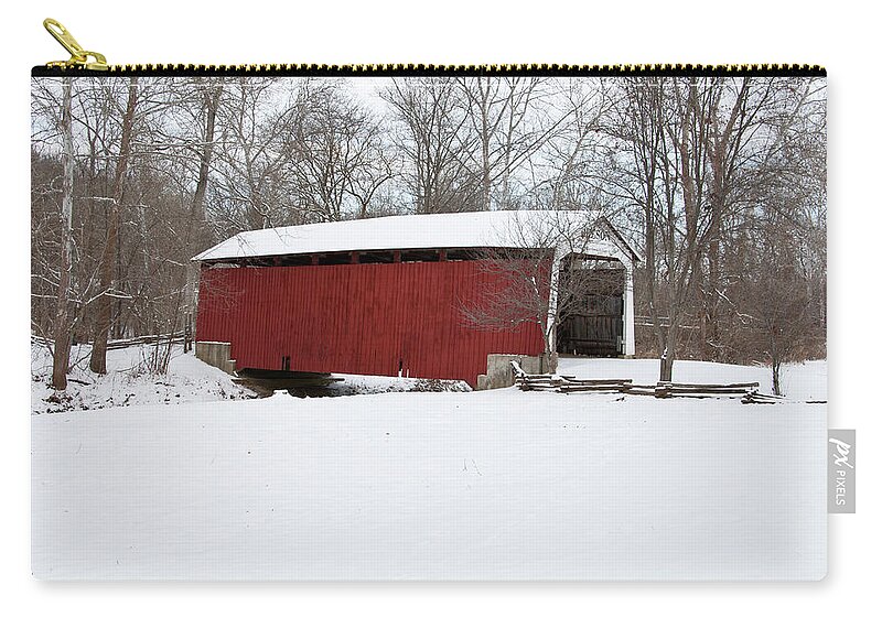 Photography Zip Pouch featuring the photograph Covered Bridge In Snow Covered Forest by Panoramic Images