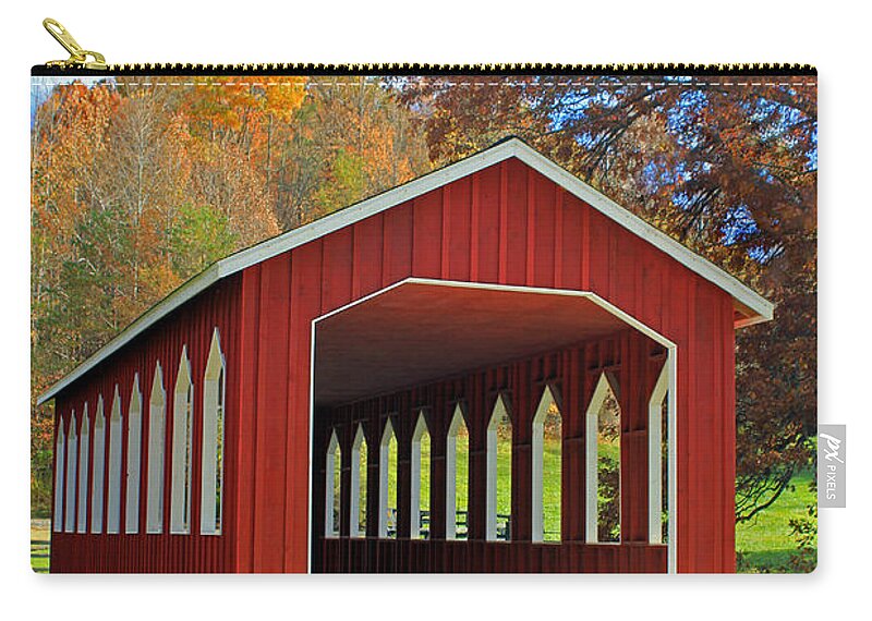 Red Covered Bridge Zip Pouch featuring the photograph Covered Bridge by Jennifer Robin