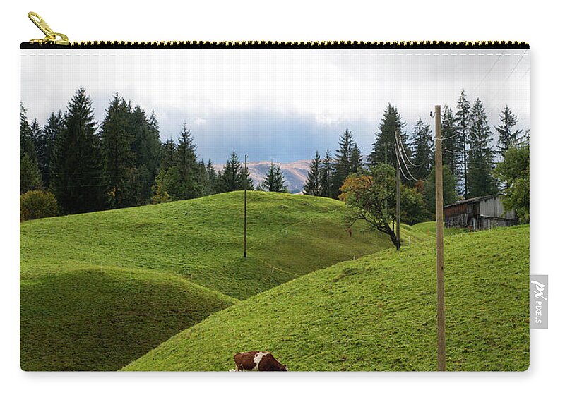 Simmental Cattle Zip Pouch featuring the photograph Cow Grazing On Alp by Pidjoe