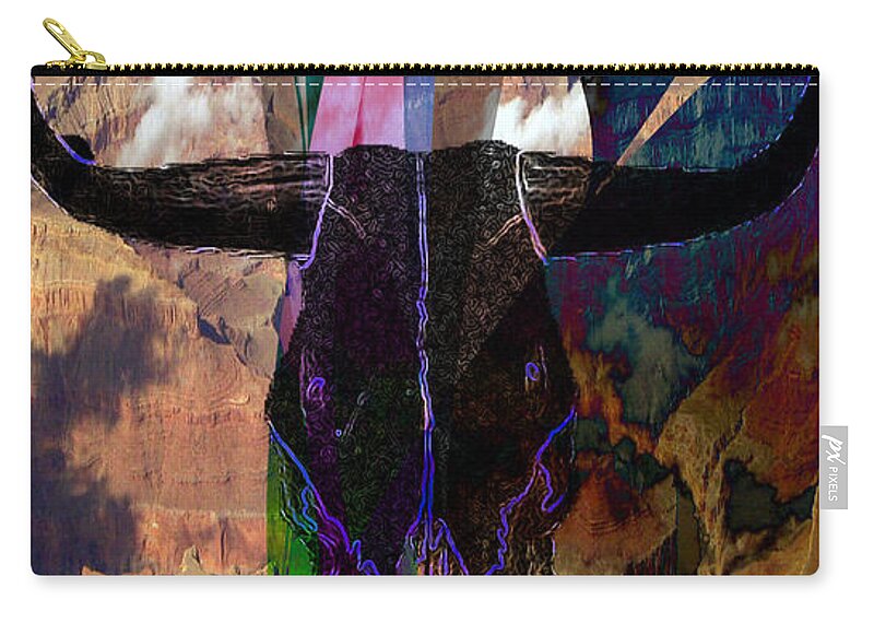 Cow Zip Pouch featuring the digital art Cowskull over the Canyon by Cathy Anderson
