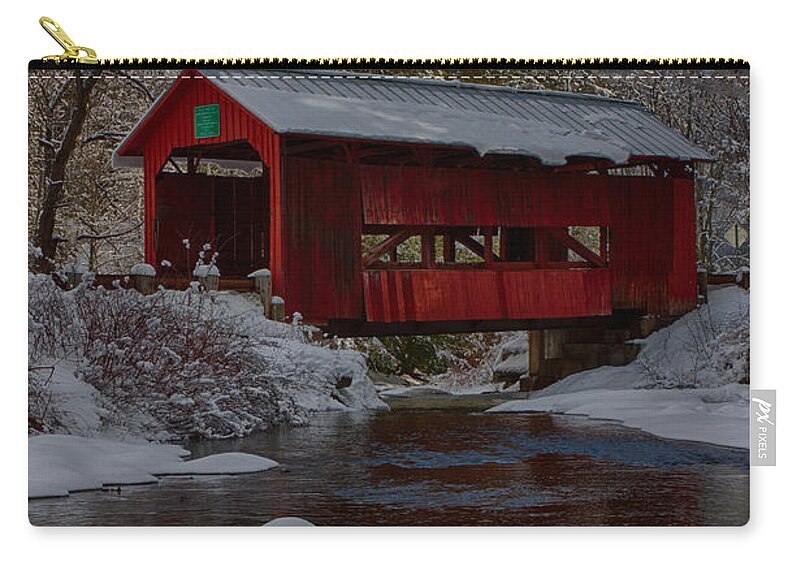 Covered Bridge Zip Pouch featuring the photograph Cox brook runs under covered bridge by Jeff Folger