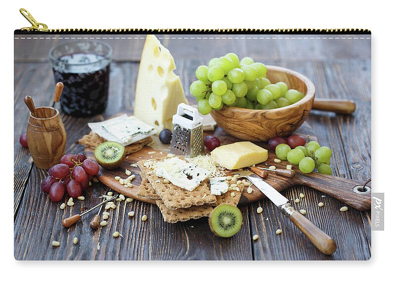 Breakfast Zip Pouch featuring the photograph Crackers With Cheese And Fruits by Julia Khusainova