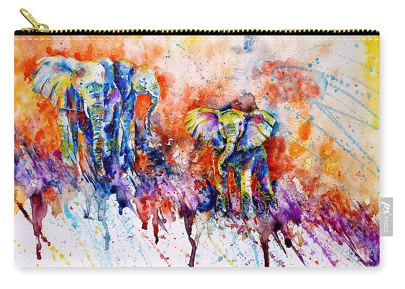 Colorful Elephants Zip Pouch featuring the painting Curious Baby Elephant by Zaira Dzhaubaeva