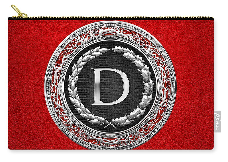 C7 Vintage Monograms 3d Zip Pouch featuring the digital art D - Silver Vintage Monogram on Red Leather by Serge Averbukh