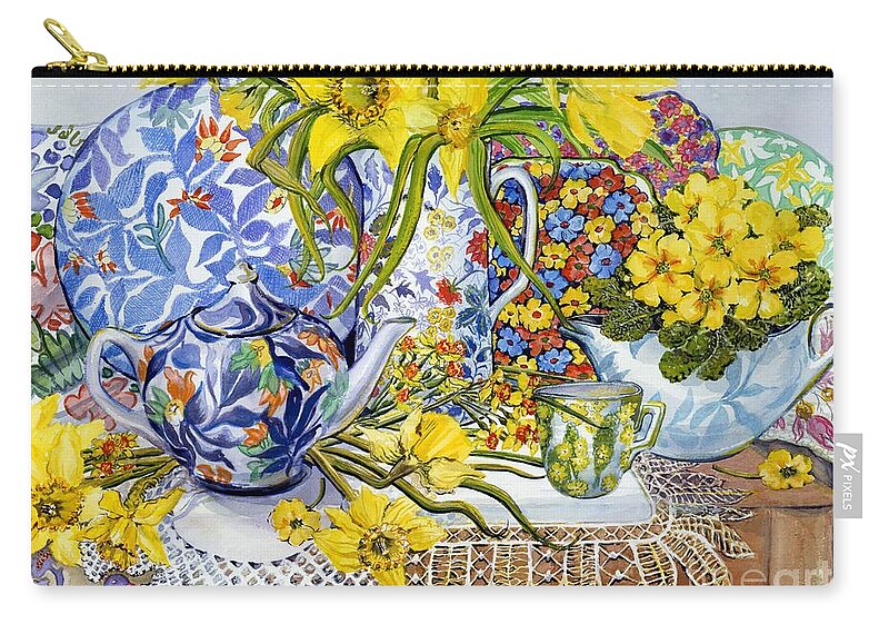 Daffodils; Daffodil; Antique; Antiques; Jug; Jugs; Antique Jug; Antique Jugs; Lace; Table Cloth; Table; Tea Pot; Tea Set; Afternoon Tea; Tea Cup; Tea Cups; Cup; Flower; Flowers; Yellow; Bright; Colorful; Bouquet; Embroidery Zip Pouch featuring the painting Daffodils Antique Jugs Plates Textiles and Lace by Joan Thewsey