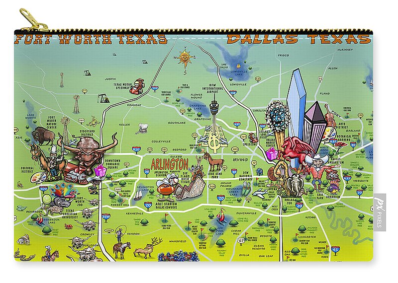 Dallas Zip Pouch featuring the painting Dallas Fort Worth Cartoon Map by Kevin Middleton