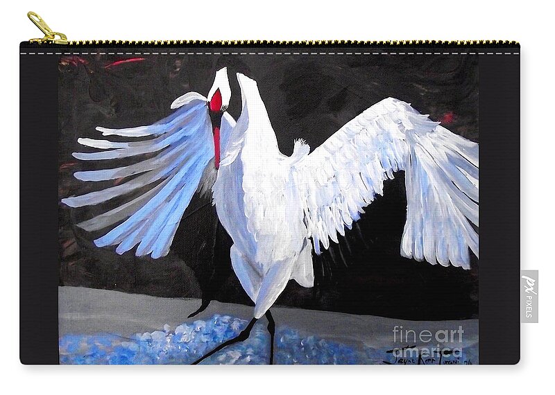 Japanese Crane Painting Zip Pouch featuring the painting Dancing Crane by Jayne Kerr
