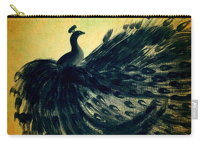 Black Bird Zip Pouch featuring the painting DANCING PEACOCK gold by Anita Lewis