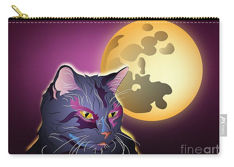 Graphic Cat Zip Pouch featuring the digital art Dark Cat and Full Moon by MM Anderson