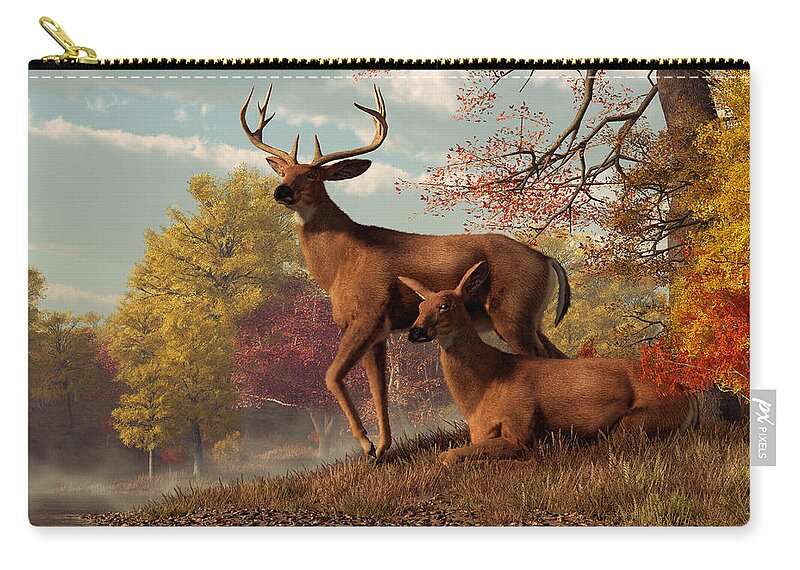 Deer Zip Pouch featuring the digital art Deer on an Autumn Lakeshore by Daniel Eskridge