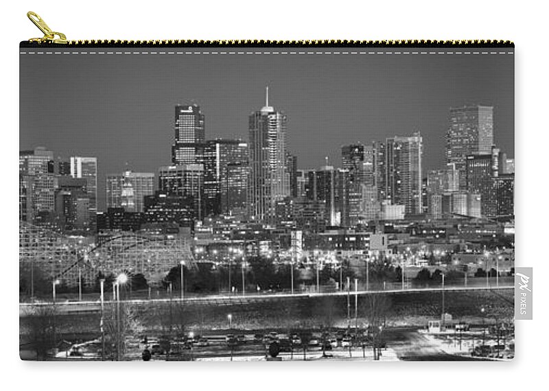 Denver Skyline Zip Pouch featuring the photograph Denver Skyline at Dusk Black and White BW Evening Panorama Broncos Colorado by Jon Holiday